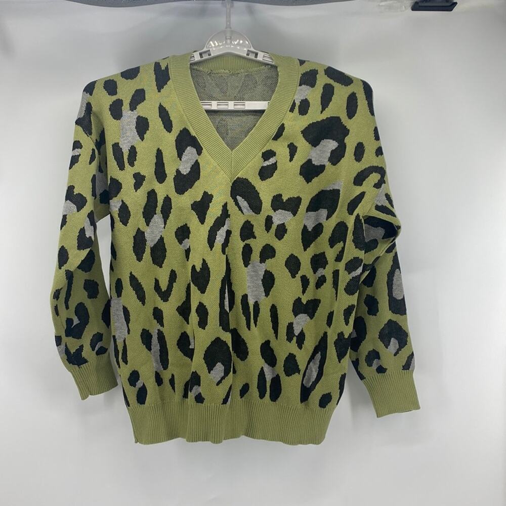 O-neMakpa V Neck Leopard Knitted Sweater Pullover oversized green gray sz L